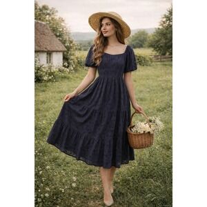 Skies Are Blue Dress Women L Blue Eyelet Tiered Puff Sleeve Midi Cottage Peasant